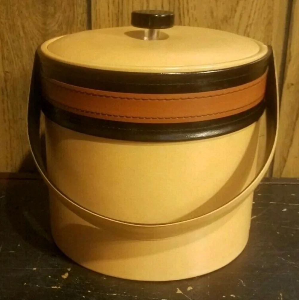 Vintage 1970s Tan and Black Ice Bucket 7 Inches Tall Vinyl Some Scratches